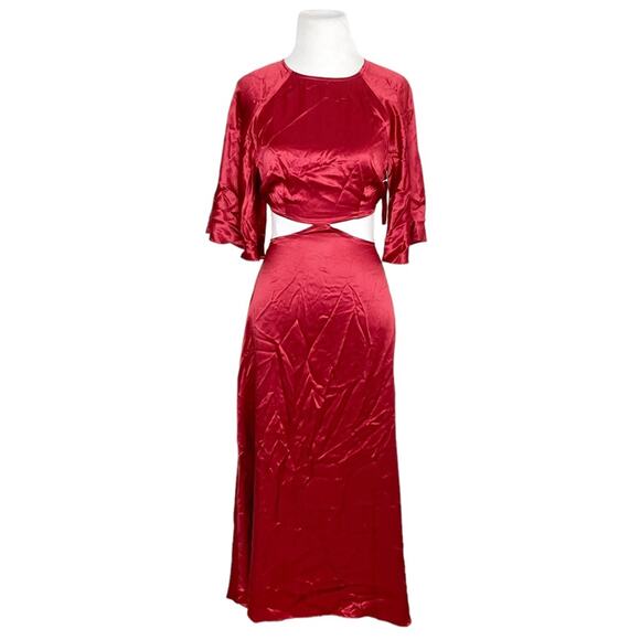 NWT Reformation Noemi Silk Bell Sleeve Cut Out Midi Dress in Crimson Size 0 - Picture 4 of 8